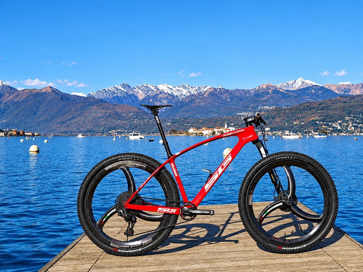 Red carbon MTB build on an Italian lake pier